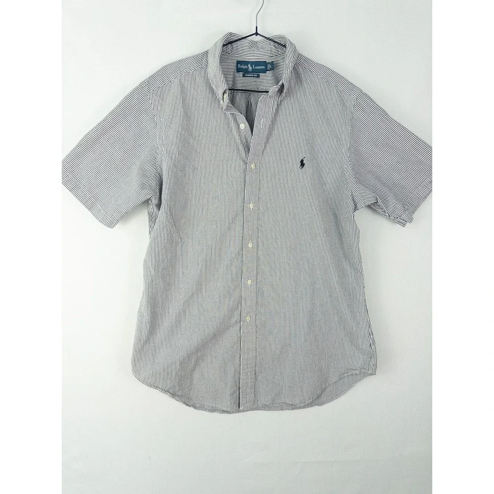 Ralph Lauren Classic Fit Short Sleeve Button Down Seersucker Shirt Mens L Blue S